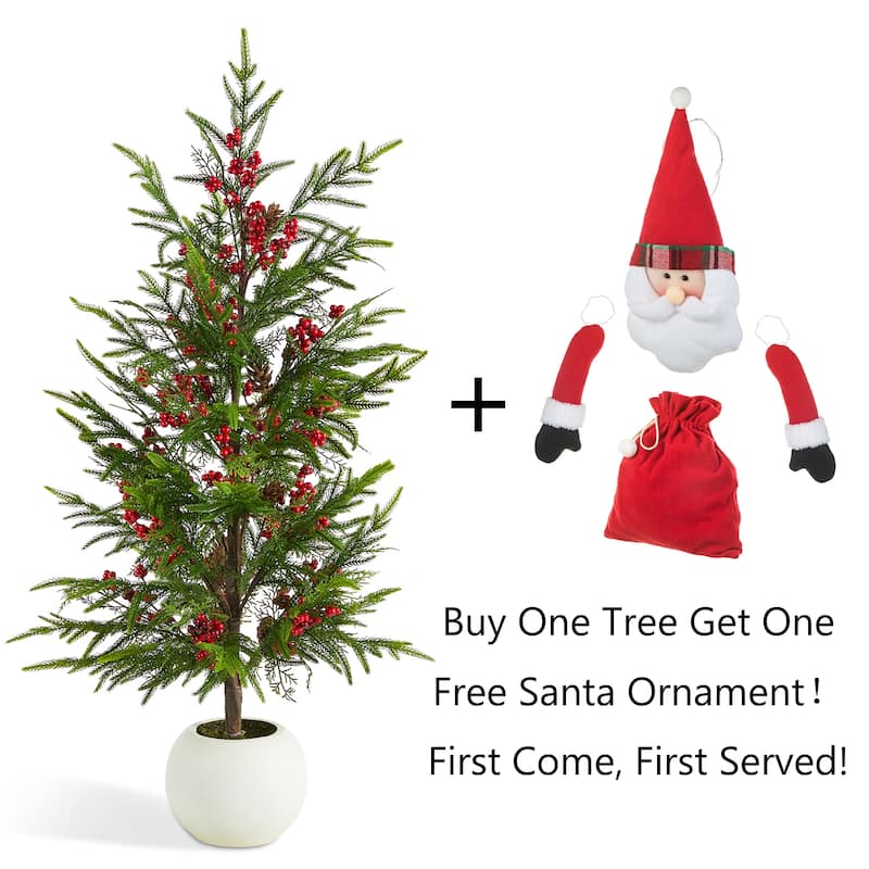Glitzhome 37.5" H Artificial Greenery Potted Christmas Tree with Pinecones and Red Berries-Come With Free Santa Ornament