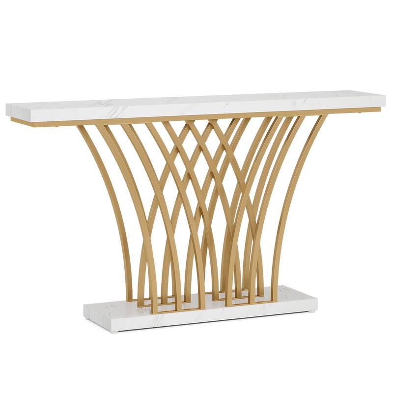 59" Gold Console Table, Modern Faux Marble Entryway Table with Grid Metal Base, Narrow Accent Sofa Table for Living Room