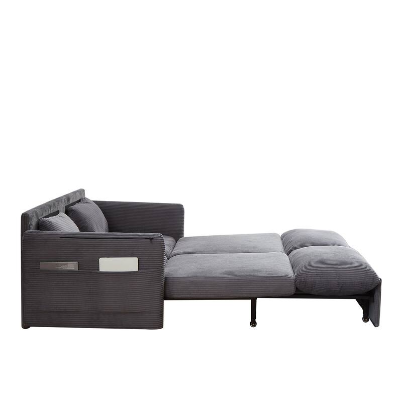 65" Corduroy 2-Seater Sleeper Sofa, 3-in-1 with Storage and Side Pocket