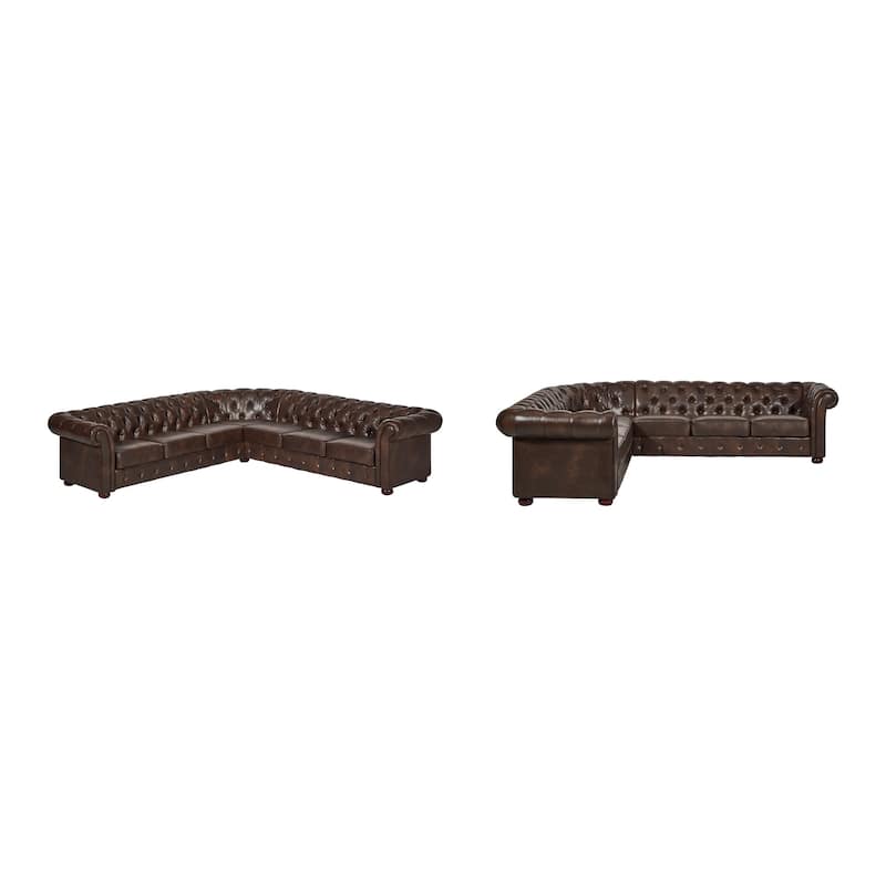 Gdansk 7-Seat L-Shaped Chesterfield Sectional Sofa - Brown Bonded Leather