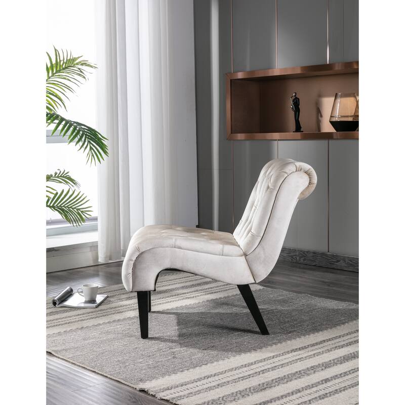 Beige Modern 22.83" Upholstered Buttons Tufted Accent Chair with Wooden Legs for Living Room