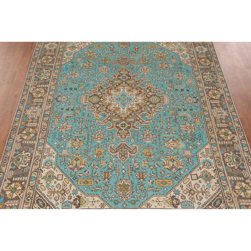 Hand Knotted Oriental 100% Wool Carpet Traditional Medallion Navy Blue & Blues Tabriz Area Rug - 9' 3'' X 6' 5''