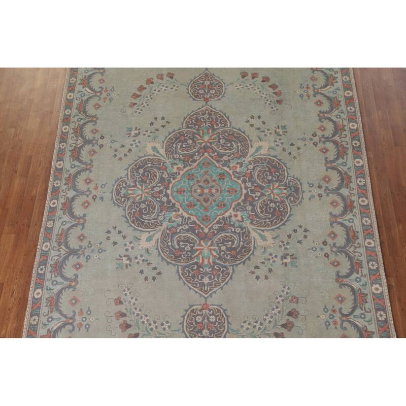 Hand Knotted Oriental 100% Wool Carpet Traditional Medallion Green Tabriz Area Rug - 10' 9'' X 7' 6''