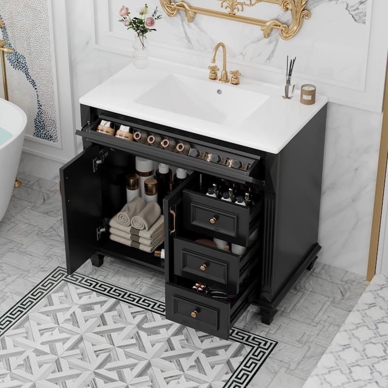 36" Bathroom Vanity with Sink, Vanity Cabinet with Flip-Out Drawer, 3 Drawers, 2 Soft-Close Doors, Solid Wood & MDF