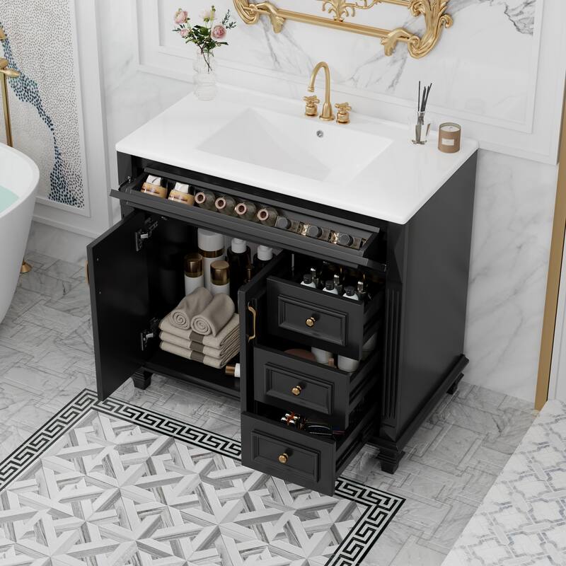 Roomfitters 36" Bathroom Vanity with Sink, Flip-Out Drawer, 3 Drawers, Soft-Close Doors, Solid Wood Cabinet
