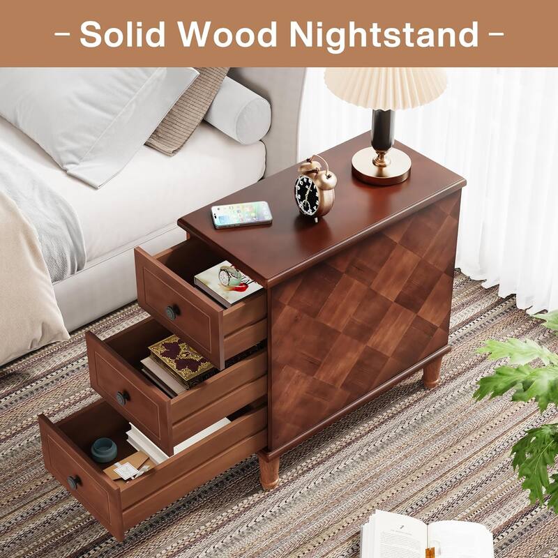 11.81" Solid Wood Narrow End Table, Fully Assembled 3-Drawer Nightstand, Slim Bedside Table, Brown Pre-Assembled Side Table