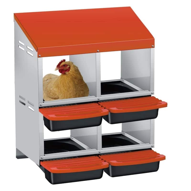 Roll-Away Nesting Boxes for Chickens Coop with Perch - 4 Hole Orange Double-Layer