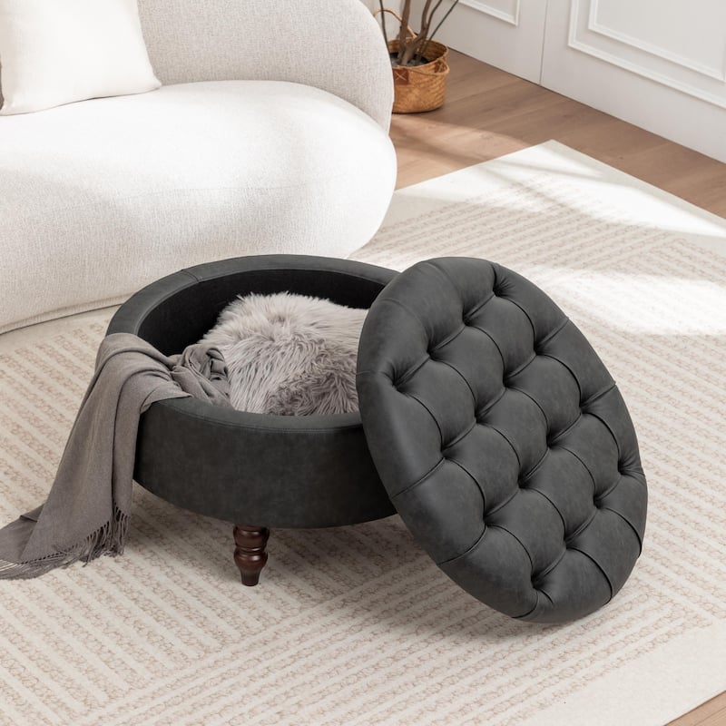 SEYNAR 29.5''Modern PU Leather Round Storage Ottoman with Wood Legs