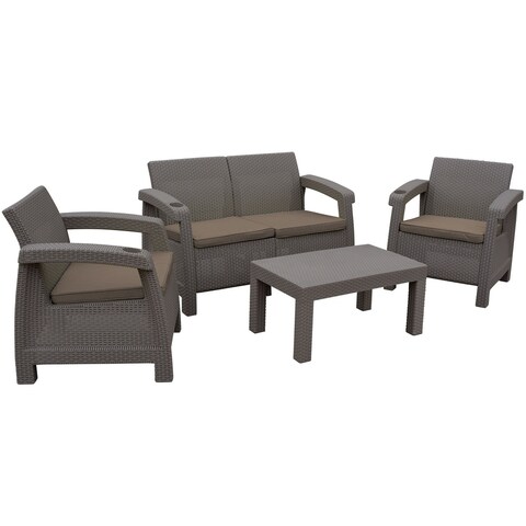 Ourea 4PC Espresso Conversation Patio Set with Brwon Cushion