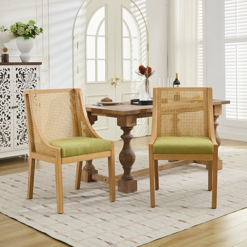 Rattan Dining Chairs, Solid Wood Frame with Decorative Armrests, Linen Upholstered Seat, Wooden Style Side Chairs,Single Pack