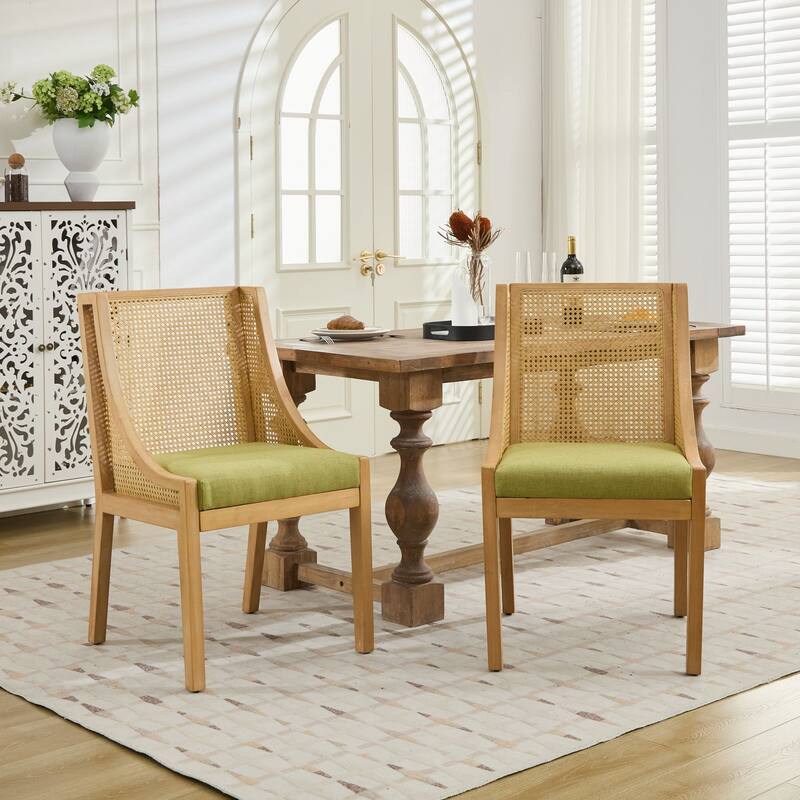 Rattan Dining Chairs, Solid Wood Frame with Decorative Armrests, Upholstered Seat, Rustic Wooden Style Side Chairs,Single Pack