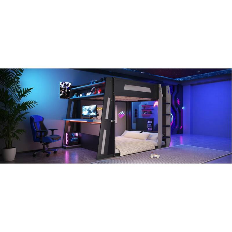 Roomfitters Queen Over Queen Gaming Bunk Bed with Desk, Storage Shelves and LED