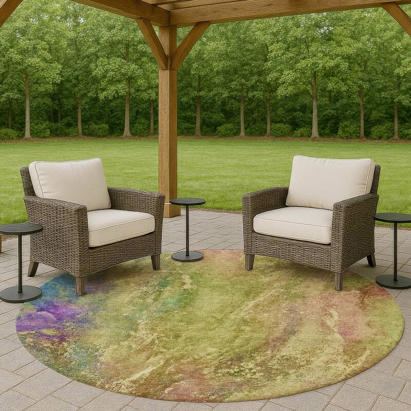 Machine Washable Indoor/ Outdoor Abstract Watercolor Chantille Rug - Green - 8' x 8'