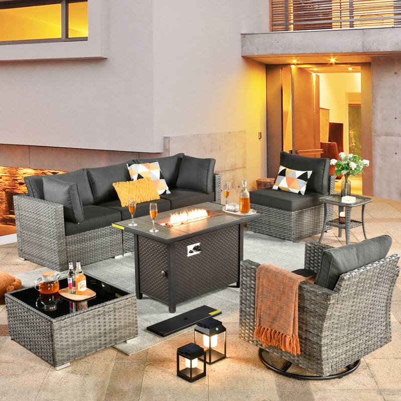 XIZZI 8-piece Patio Outdoor Wicker Furniture Swivel Chair Set with Firepit Table - Black