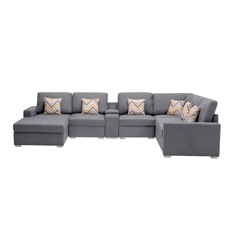 Linen Fabric 7 Piece Reversible Chaise Sectional Sofa with Storage Console Table and 6 Pillows - Gray