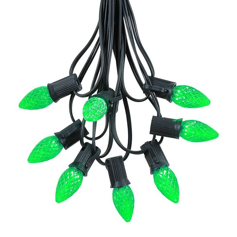 25 Foot C7 LED Christmas Light Set, Hanging String Lights, Black Wire - Green