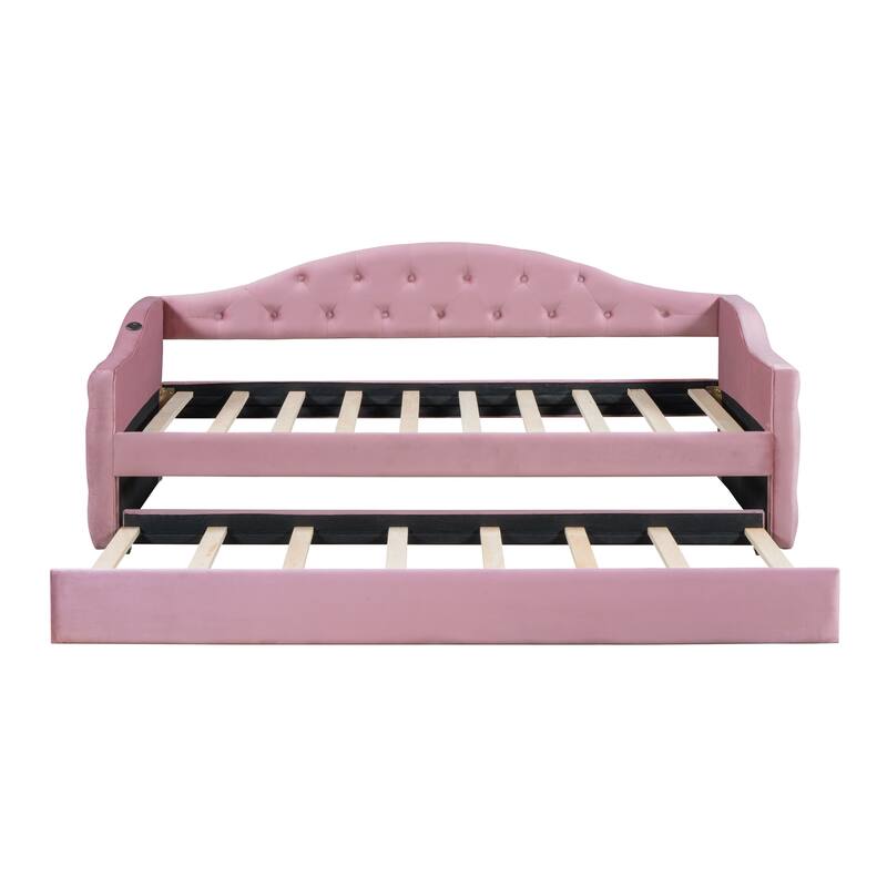 Tufted Upholstered Daybed with Trundle, USB and Type-C Charging Ports