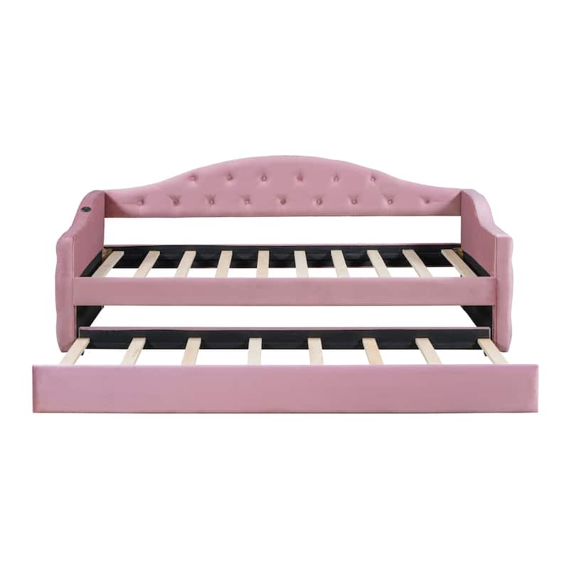 Twin Size Velvet Upholstered Daybed with Trundle and USB&Type-C Charging Ports, Pink