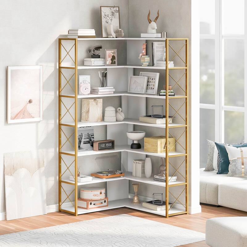 7-Tier Bookcase Home Office Bookshelf, L-Shaped Corner Bookcase with Metal Frame