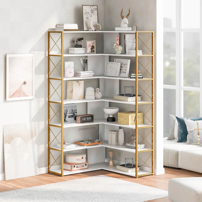 Industrial 7-Tier L-Shaped Corner Bookcase Home Office Bookshelf