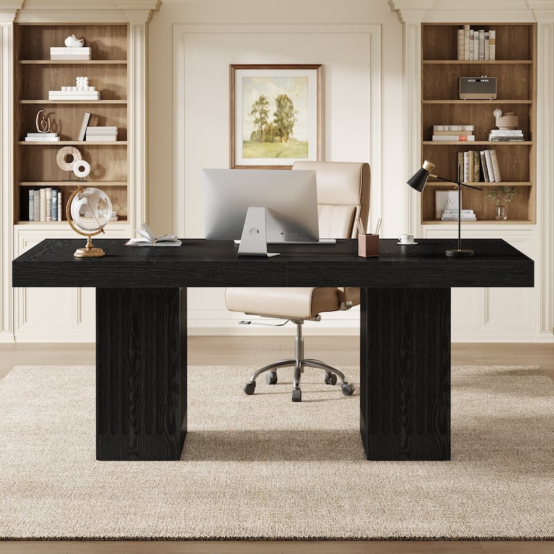 63 Inck Black Desk for Home Office, Modern Couputer Desk with Double Pedestal