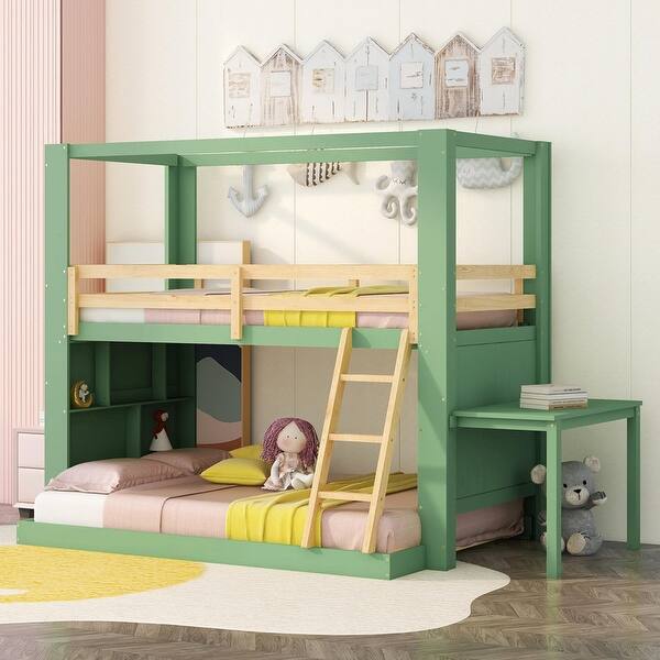 slide 2 of 22, Solid Wood Twin Over Full Bunk Bed with Desk&Shelves,Green Green