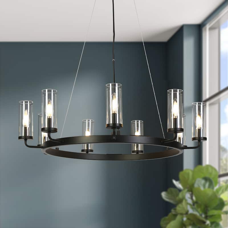 Modern Farmhouse 9-Light Black Wheel Chandelier Glass Metal Ceiling Lights for Dining Living Room - D31" x H8.7"
