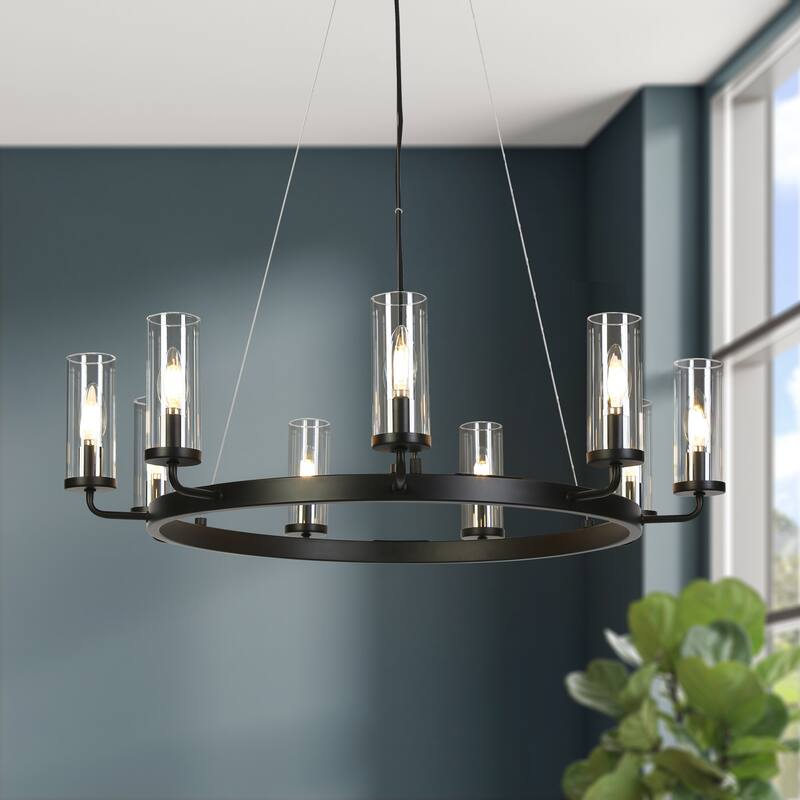 Modern Farmhouse 9-Light Black Wheel Chandelier for Dining Living Room - D31" x H8.7"