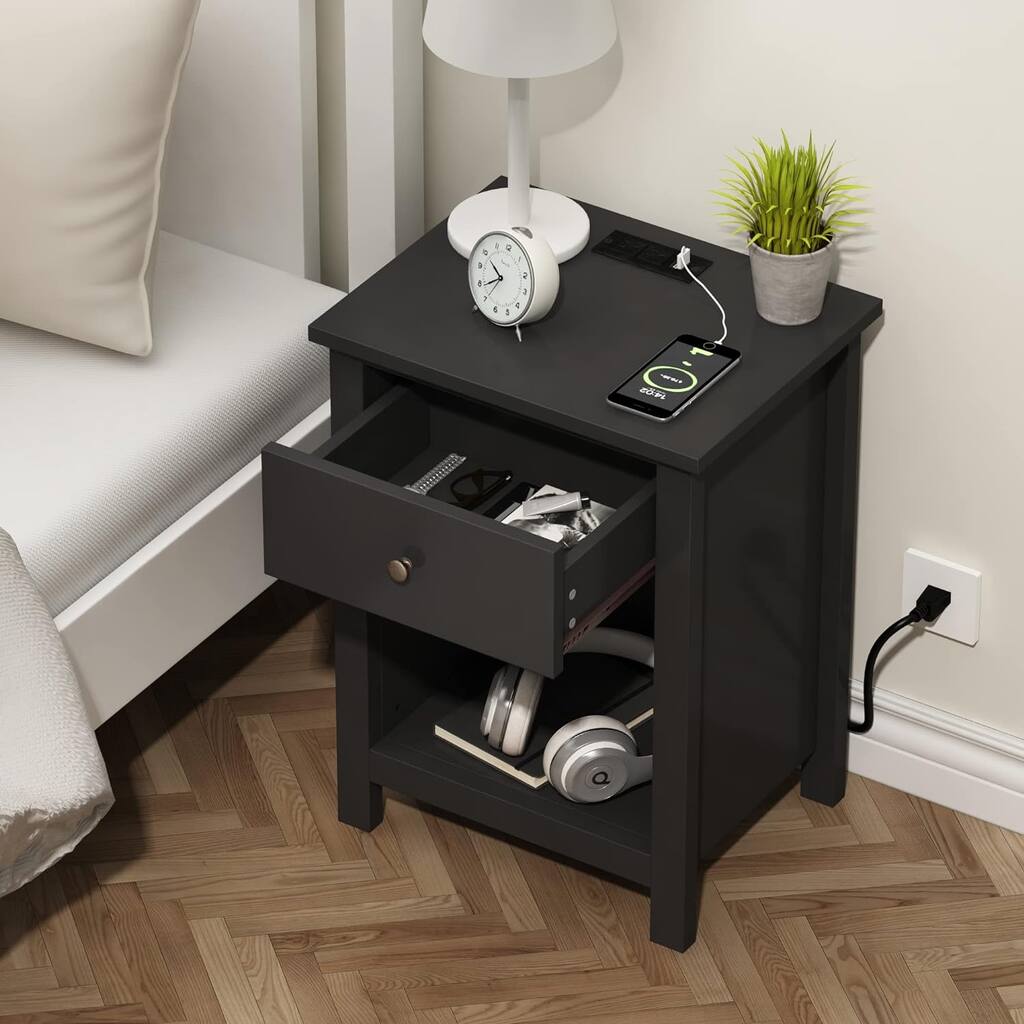 Nightstand with Charging Station Wooden Top Bedside Table 13.8"D x 17.7"W x 23.6"H