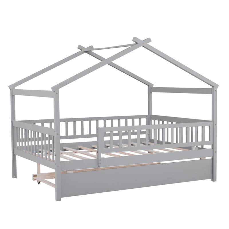 Full Size Wooden House Bed with Twin Trundle, Gray Finish