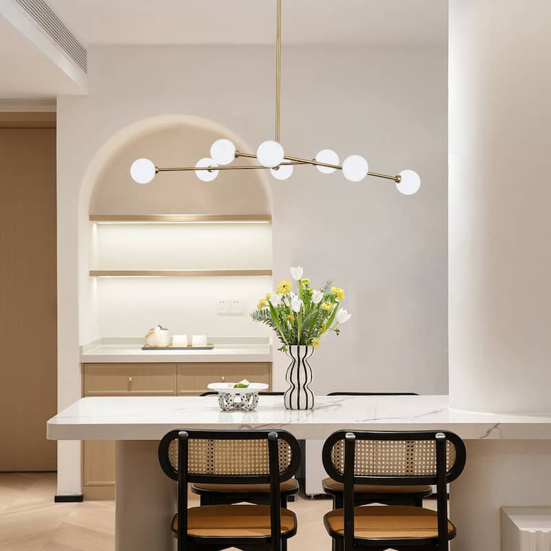 8-Light Mid - Century Modern Brass Sputnik Chandelier with Frosted Glass Globes