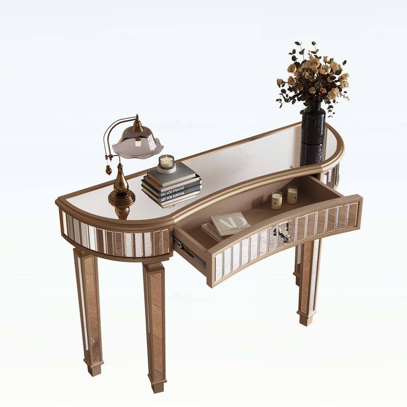 47-Inch Half-Moon Mirrored Console Table with Fluted Glass