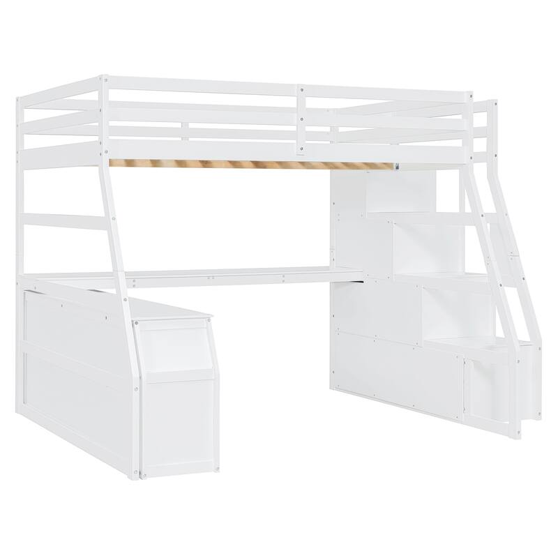 Full Size Loft Bed with 7 Drawers 2 Shelves and Desk - White