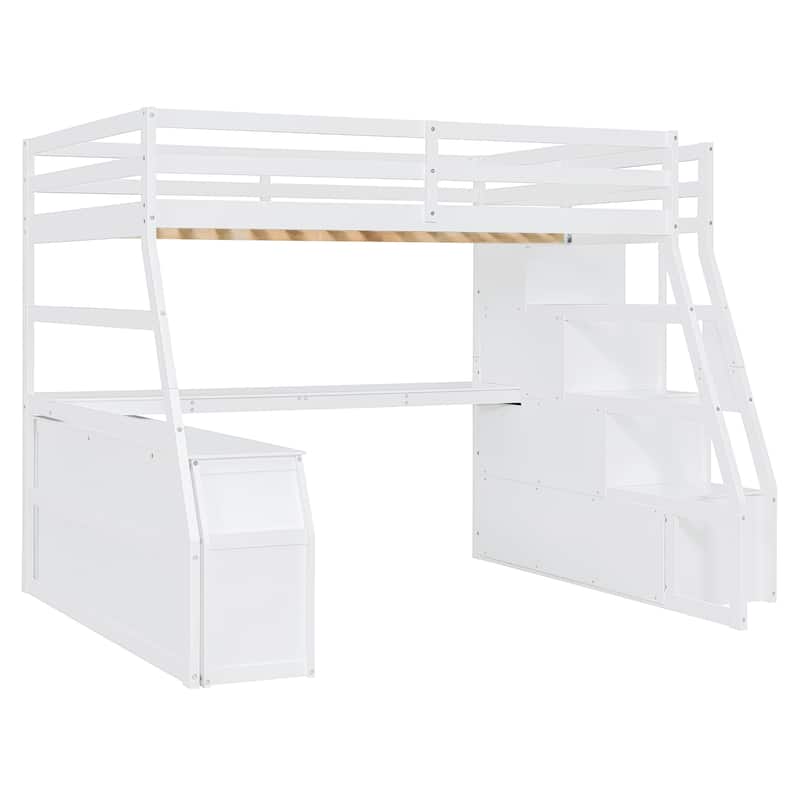 White Full Size Wood Loft Bed with Drawers, Shelves, Ladder, and Desk