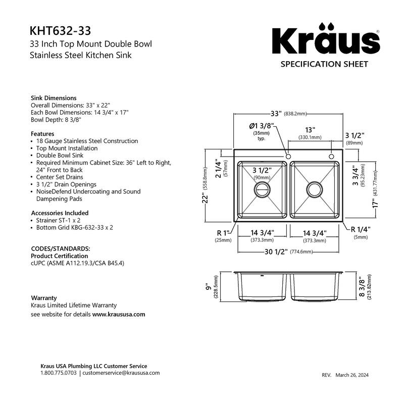 KRAUS Fairlane Drop In Top Mount 18 Gauge Stainless Steel Kitchen Sink