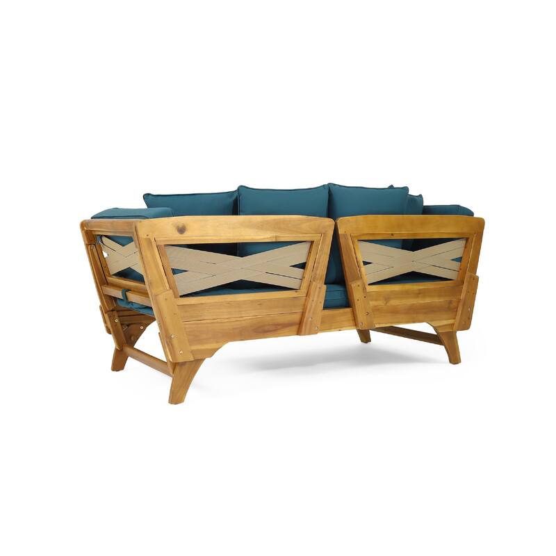 Flex Outdoor Daybed, 65 Inch Teak Brown Acacia Wood, Blue Cushions
