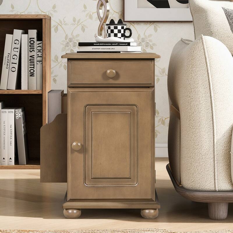 Vintage End Table Flip Top Side Table with USB Ports,One Multifunctional Drawer with cup holders,Sofa Couch Table with Bookshelf