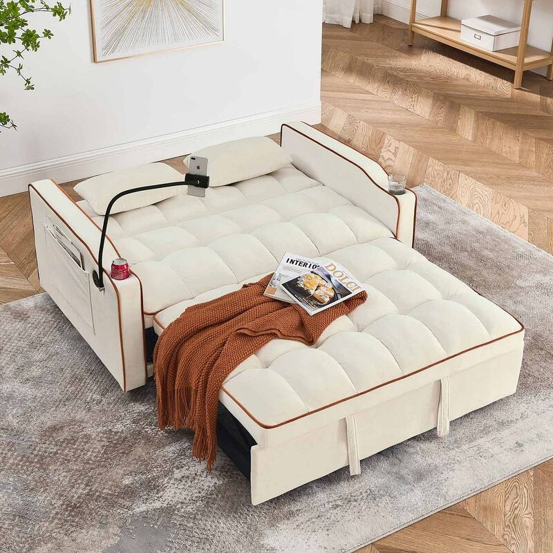 55.51'' Modern Versatile Foldable Sofa Bed With Adjustable Back and USB Port and Ashtray and Swivel Phone Stand
