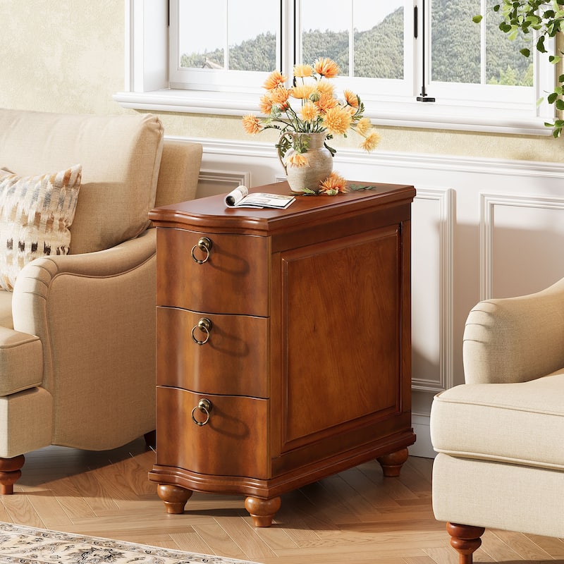 Wood Side Table with 3-Drawers, Fully Assembled End Table for Living Room, Tall Narrow Nightstand for Bedroom