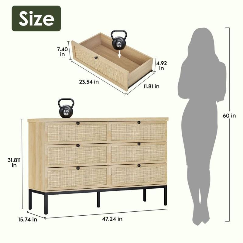 Boho Natural Rattan 6-Drawer Dresser