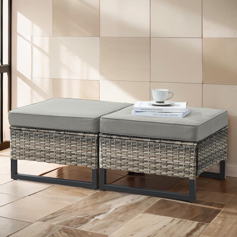 Gymojoy Outdoor Wicker Ottomans with Olefin Cushions
