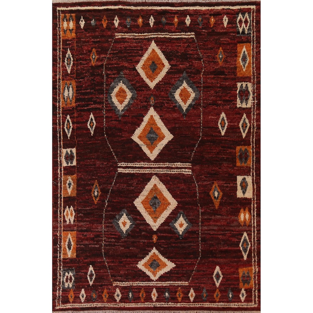 Hand Knotted Oriental 100% Wool Carpet Modern Tribal Red Moroccan Area Rug - 9' 7'' X 6' 10''