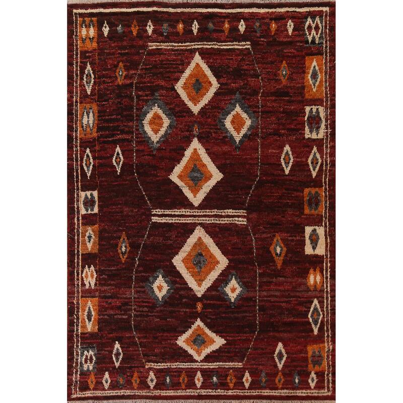 Hand Knotted Oriental 100% Wool Carpet Modern Tribal Red Moroccan Area Rug - 9' 7'' X 6' 10''
