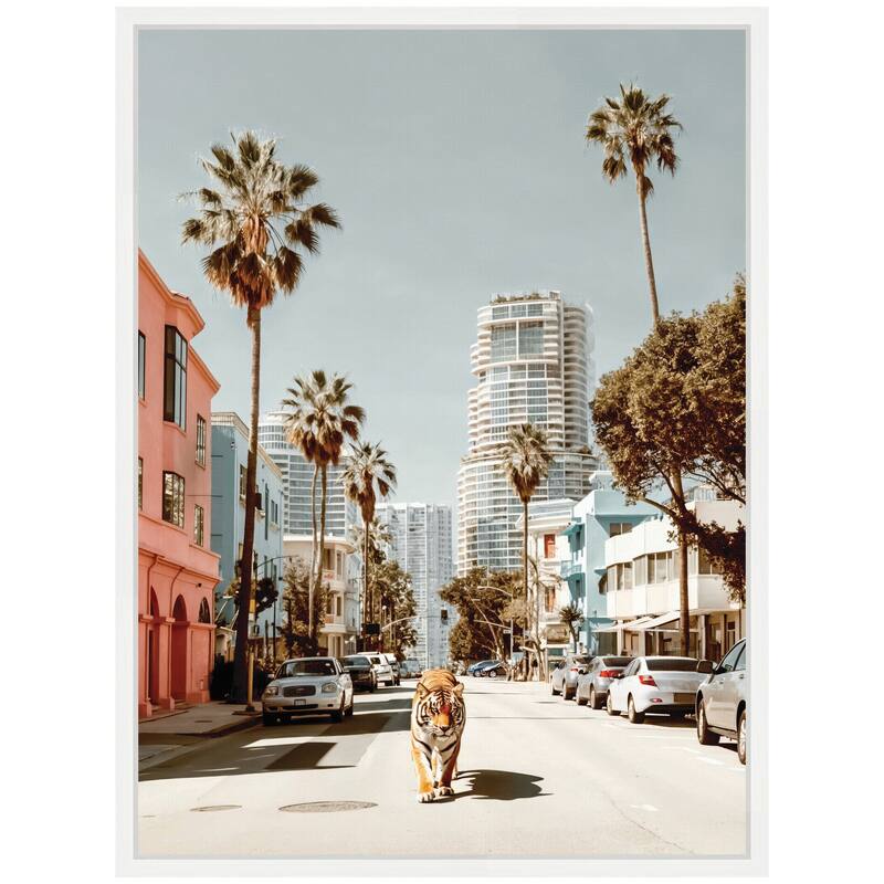 Kate and Laurel Sylvie California Tiger Roaming through Palm Springs Framed Canvas by Michael Schauer