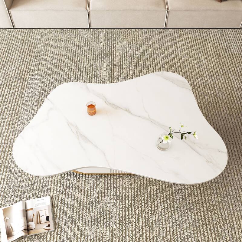 Modern Butterfly Coffee Table with Sintered Stone Top - Oval Center Table with Storage Shelf & Drawer, Stainless Steel Base