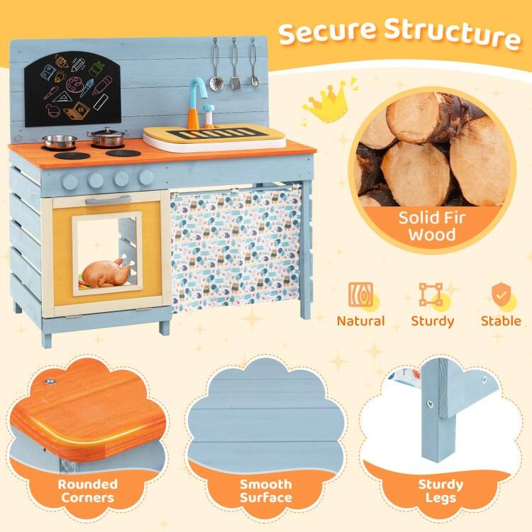 Wooden Toy Kitchen Playset with Removable Circulation Faucet and Cooking Accessories-Blue - Multi