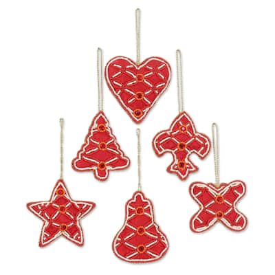 NOVICA Christmas Party in Red, Beaded ornaments (set of 6)