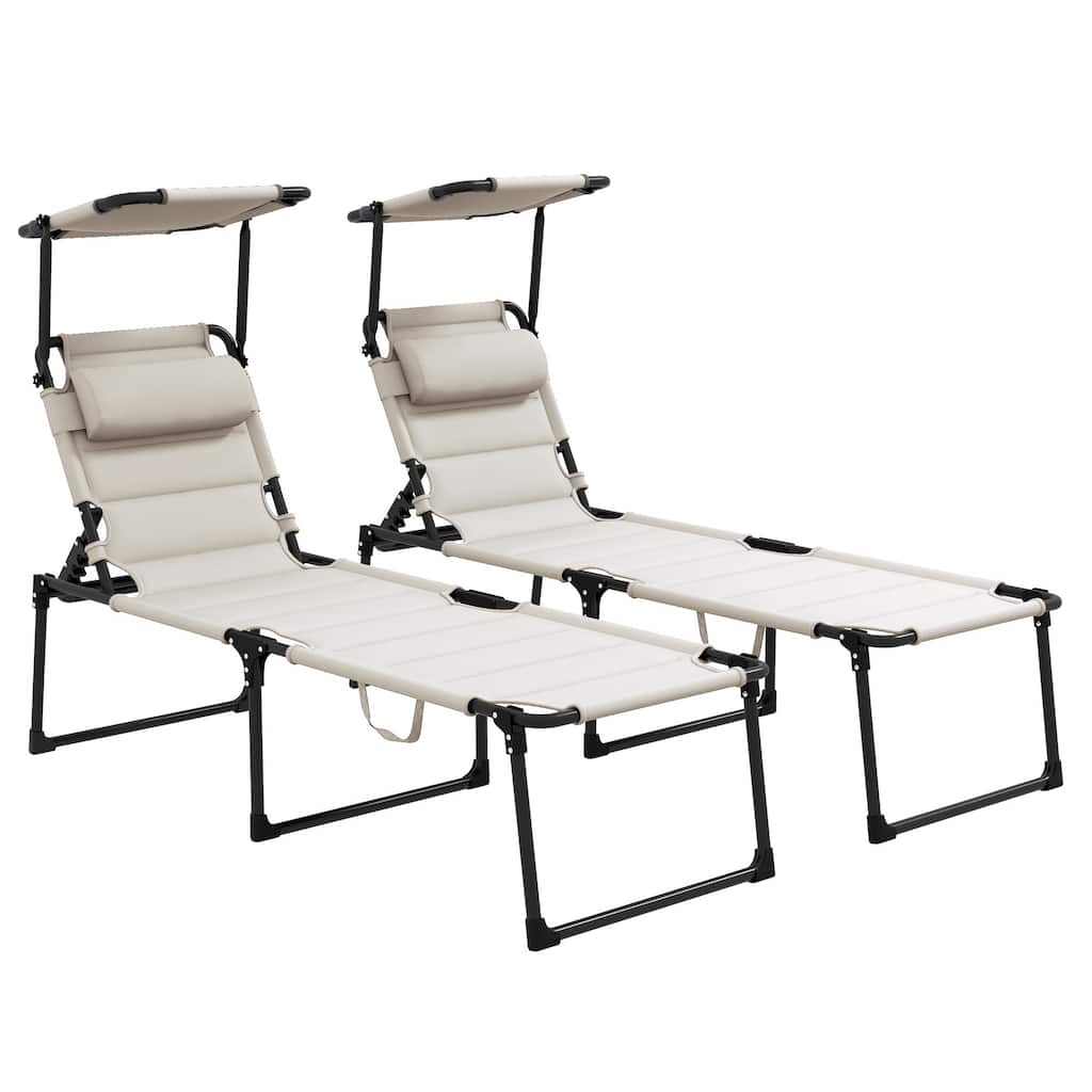 Outsunny 2 Pcs Outdoor Lounge Chair, Adjustable Backrest Folding Chaise Lounge, with Sunshade Roof & Pillow for Beach, Hiking