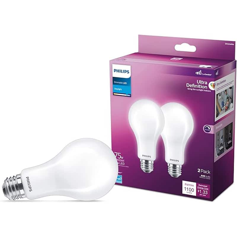 Philips ED A21 Ultra Definition Frosted Dimmable LED Light Bulbs, Daylight 5000K, E26 Base - 2 Pack - 2 Lights