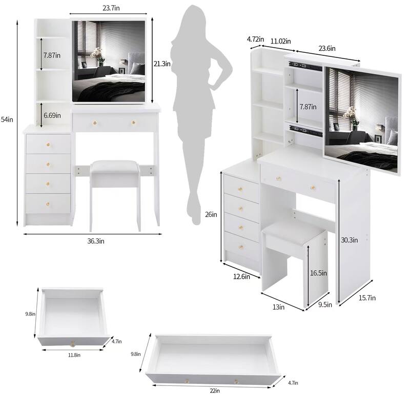 37" Large Space Vanity Set with Sliding Mirror and Storage